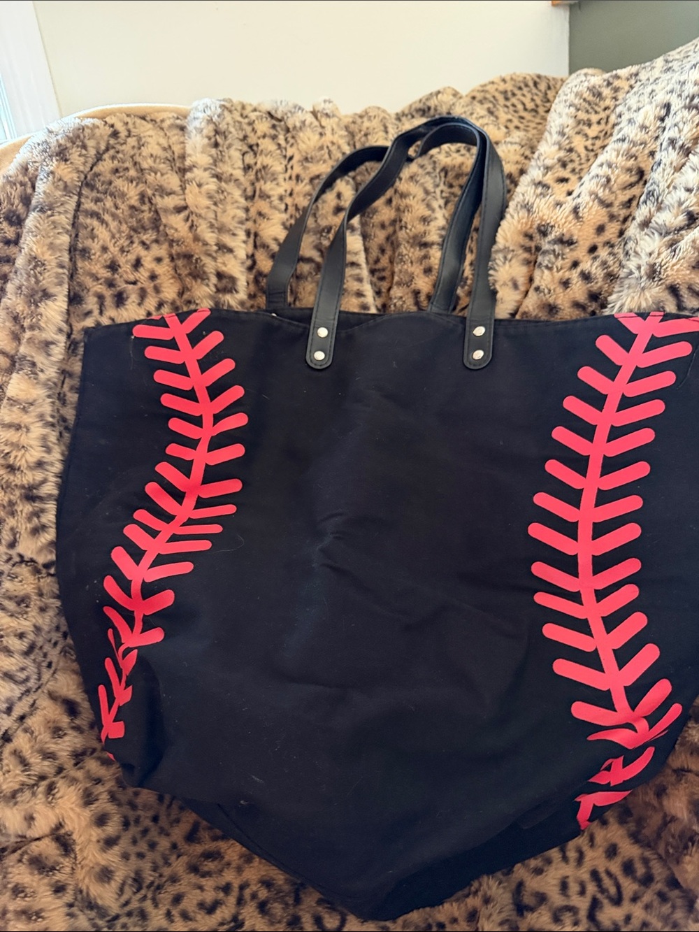 Black Tote Bag with Red Baseball Stitch Accents